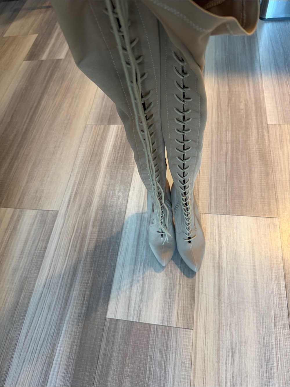 Lace-Up Over-the-Knee Pointed Boots in Taupe